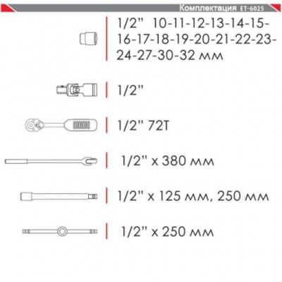 Профессиональный набор инструмента 1/2", 25 ед (гол. 10-32 мм) INTERTOOL ET-6025