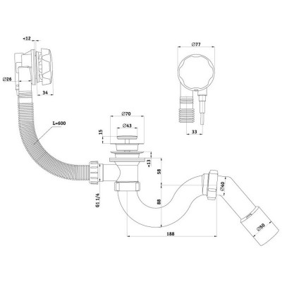 Сифон ANI Plast EM311 для ванны полуавтомат с прямоточным сифоном, с переходной трубой 45° 40х50 580мм (ручка металл)
