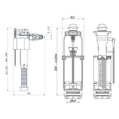 Арматура ANI Plast WC8010C с клапаном боковой подачи 1/2", хромированная кнопка