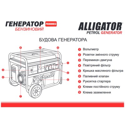 Генератор Alligator бензиновий 7,5кВт (ном 7,0кВт) з електростартером, 1 та 3 фази