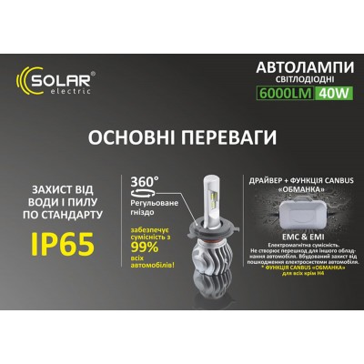 LED автолампа Solar H4 12/24V 6500K 6000Lm 40W Cree Chip