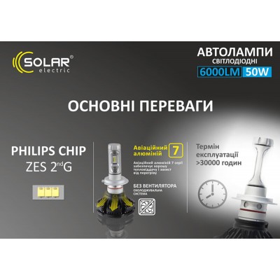 LED автолампа Solar H7 12/24V 6000Lm 50W ZES Chip