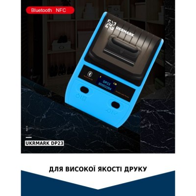 Портативный термопринтер UKRMARK DP23BL, USB/Bluetooth, рулоны 15-58 мм, для чеков/этикеток, синий. Печать на термобумаге и полимерных этикетках.