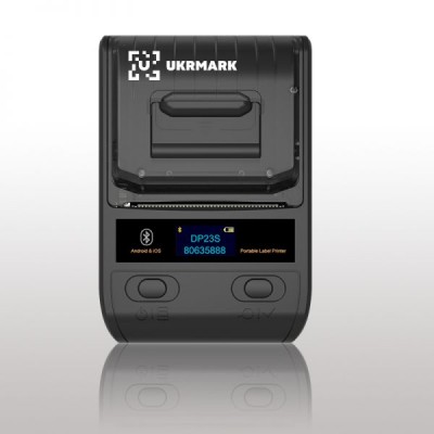 Портативный термопринтер UKRMARK DP23BK, USB/Bluetooth, рулоны 15-58 мм, для чеков/этикеток, черный. Печать на термобумаге и полимерных этикетках.