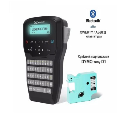 Портативный термотрансферный принтер этикеток, QR- и штрихкодов UKRMARK E2800, Bluetooth, совместимый с картриджами Dymo типа D1 шириной 6-12MM